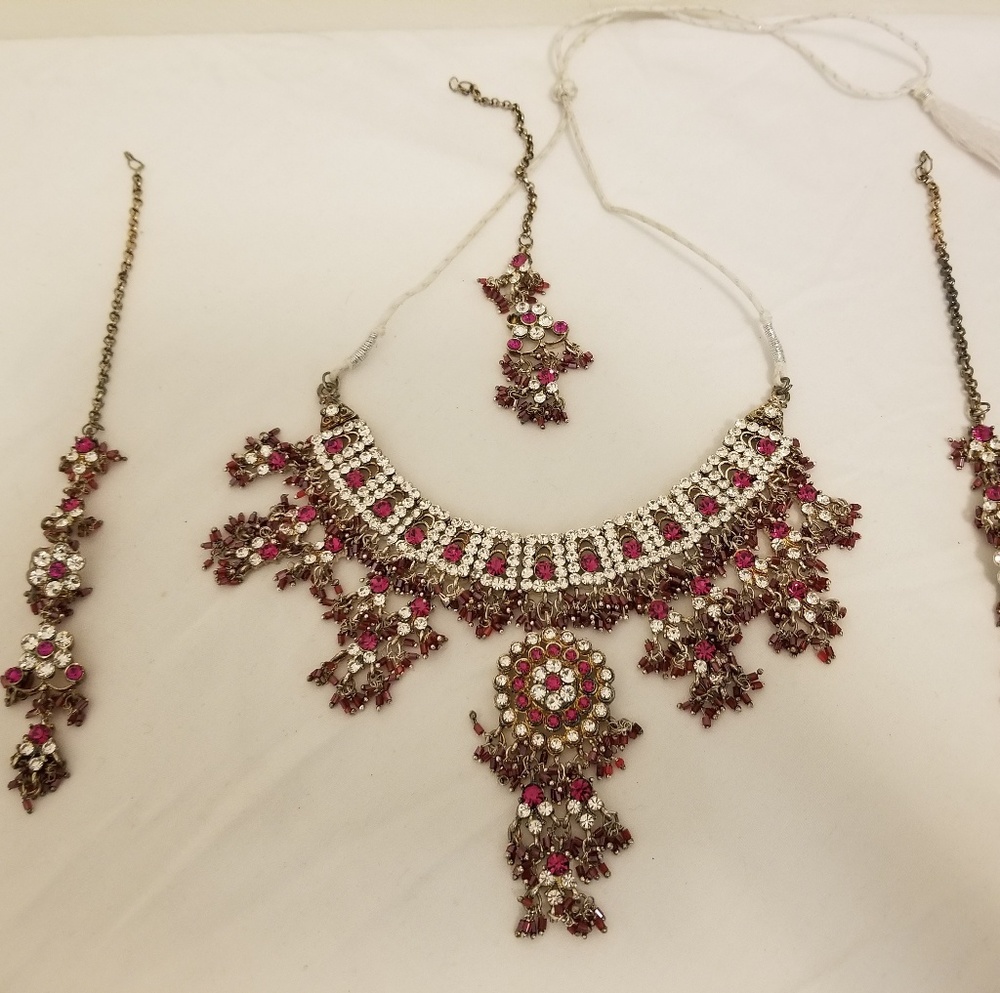 Pink, Crystal & Silver Indian Wedding Jewelry Set